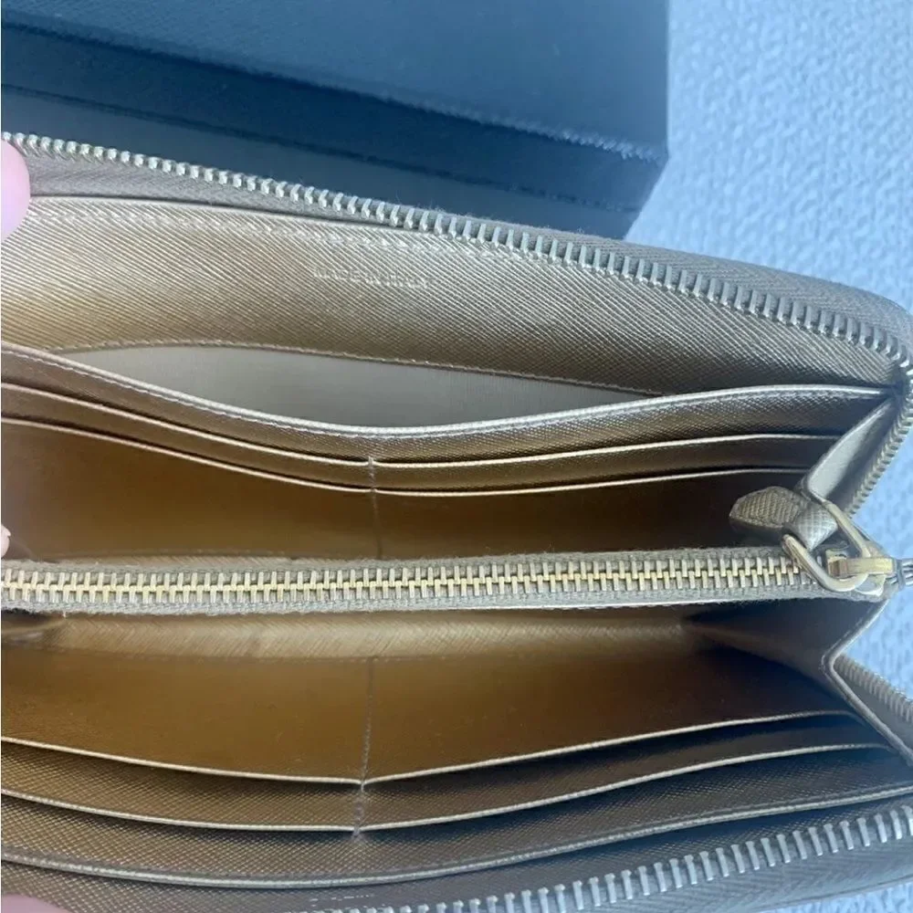 PRADA: RARE Gold SAFFIANO Leather & Gold Logo Long Zip-Around Wallet